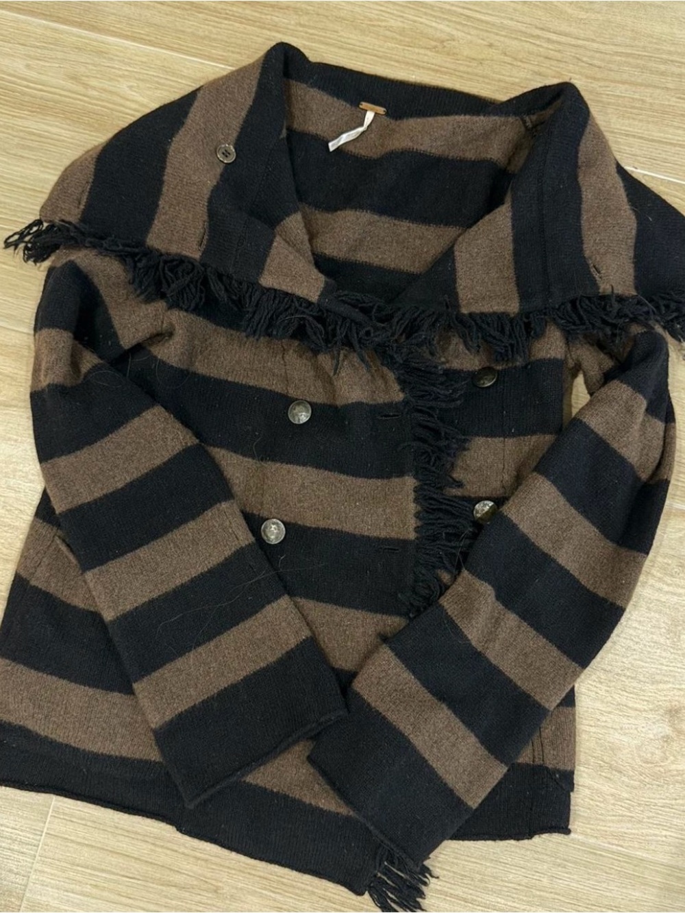 Free People Black Striped Double Breasted
Button Front Fringe Lambswool Jacket